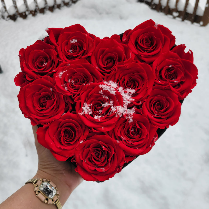 Heart-shaped arrangement of red roses held by a person with a blurred snowy background